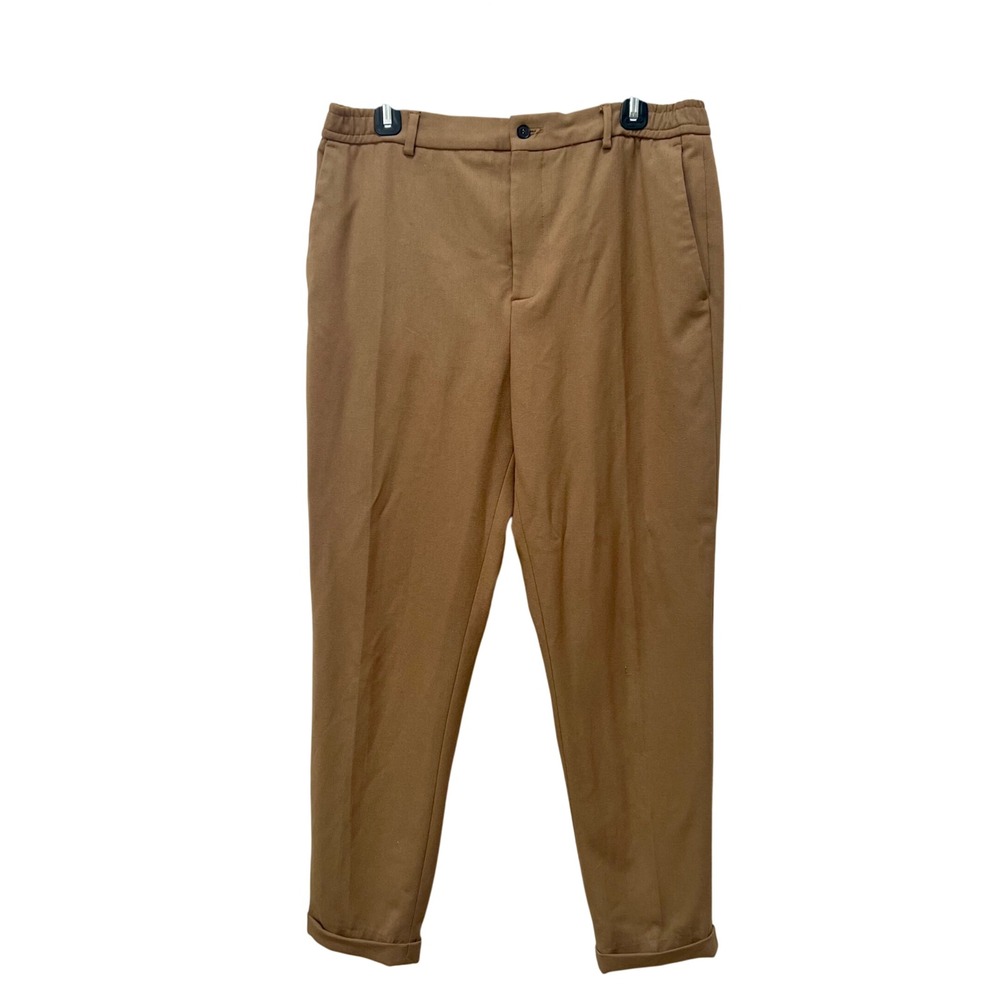 Zara Womens XL Camel Brown Tapered Cuffed Elastic Waist Trousers Quiet Luxury